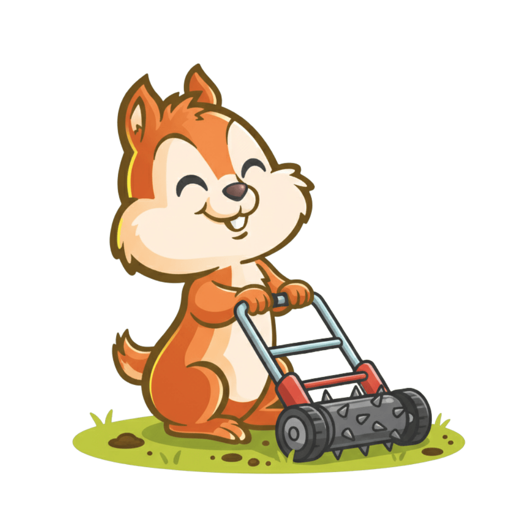 Cartoon chipmunk operating a lawn aerator on a grassy patch, representing professional lawn care and aeration services.