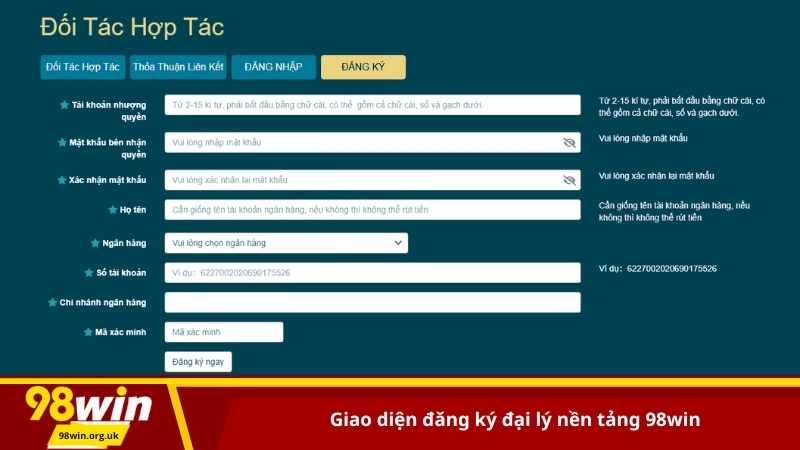 Giao diện đăng ký đại lý nền tảng 98win