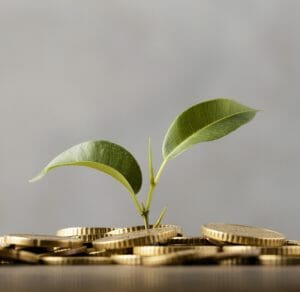 Addiction psychology award concept. Plant growing from coins symbolizes recovery and new beginnings.