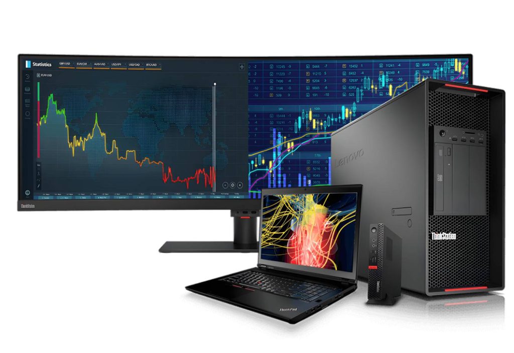 Lenovo desktop and laptop workstation with monitor