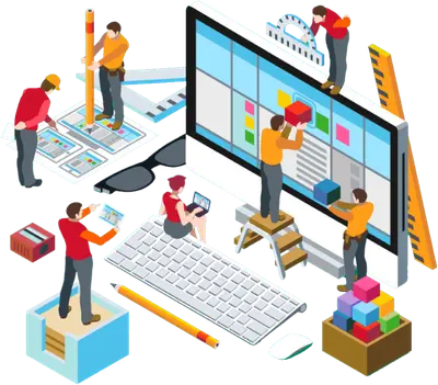 Illustration of five people building a website with one person on a laptop two working on a large computer screen one arranging blocks and another using a ladder A large keyboard and stationery are visible as they integrate an email capture form into the design