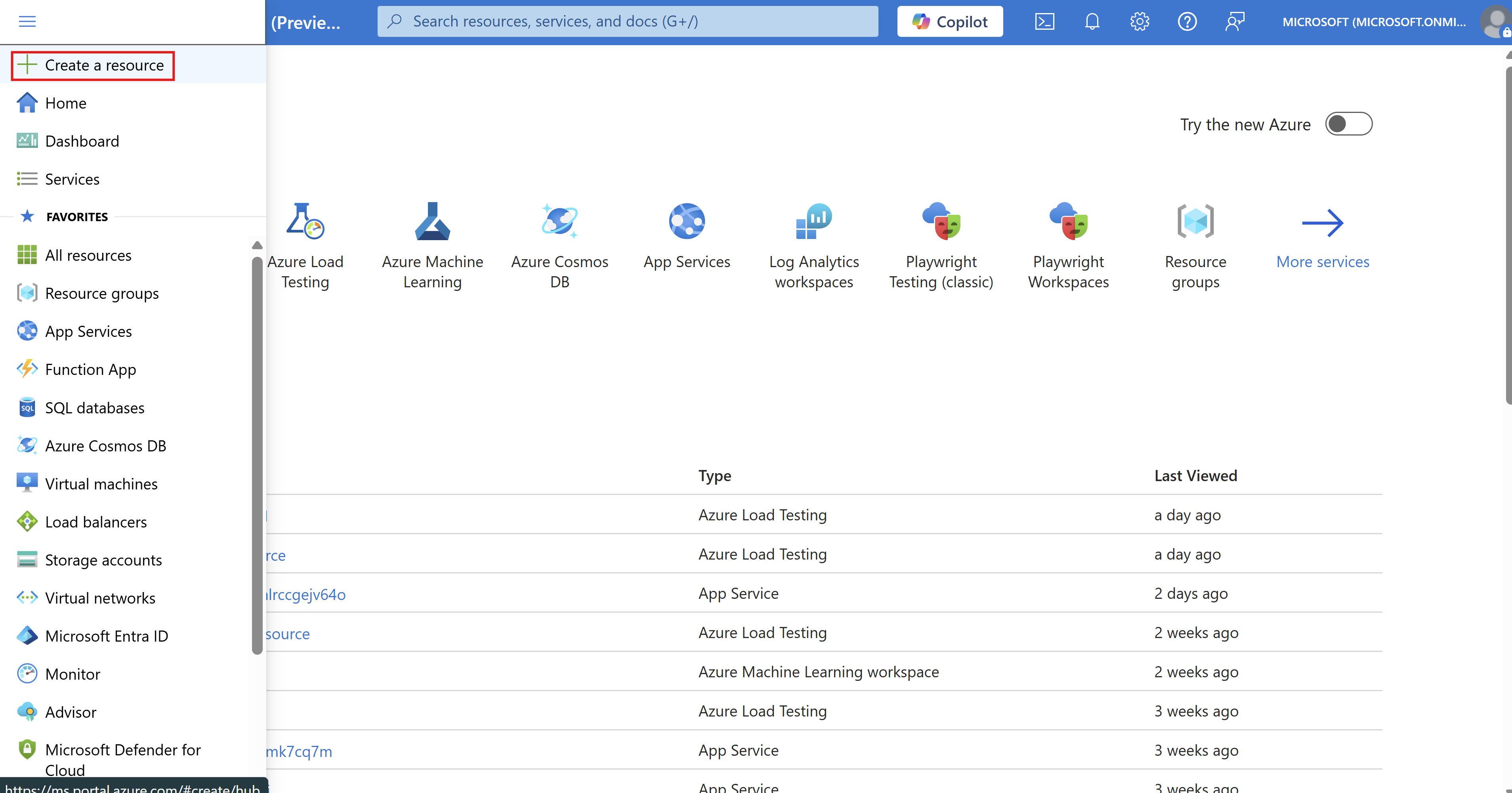 Create a resource in Azure portal