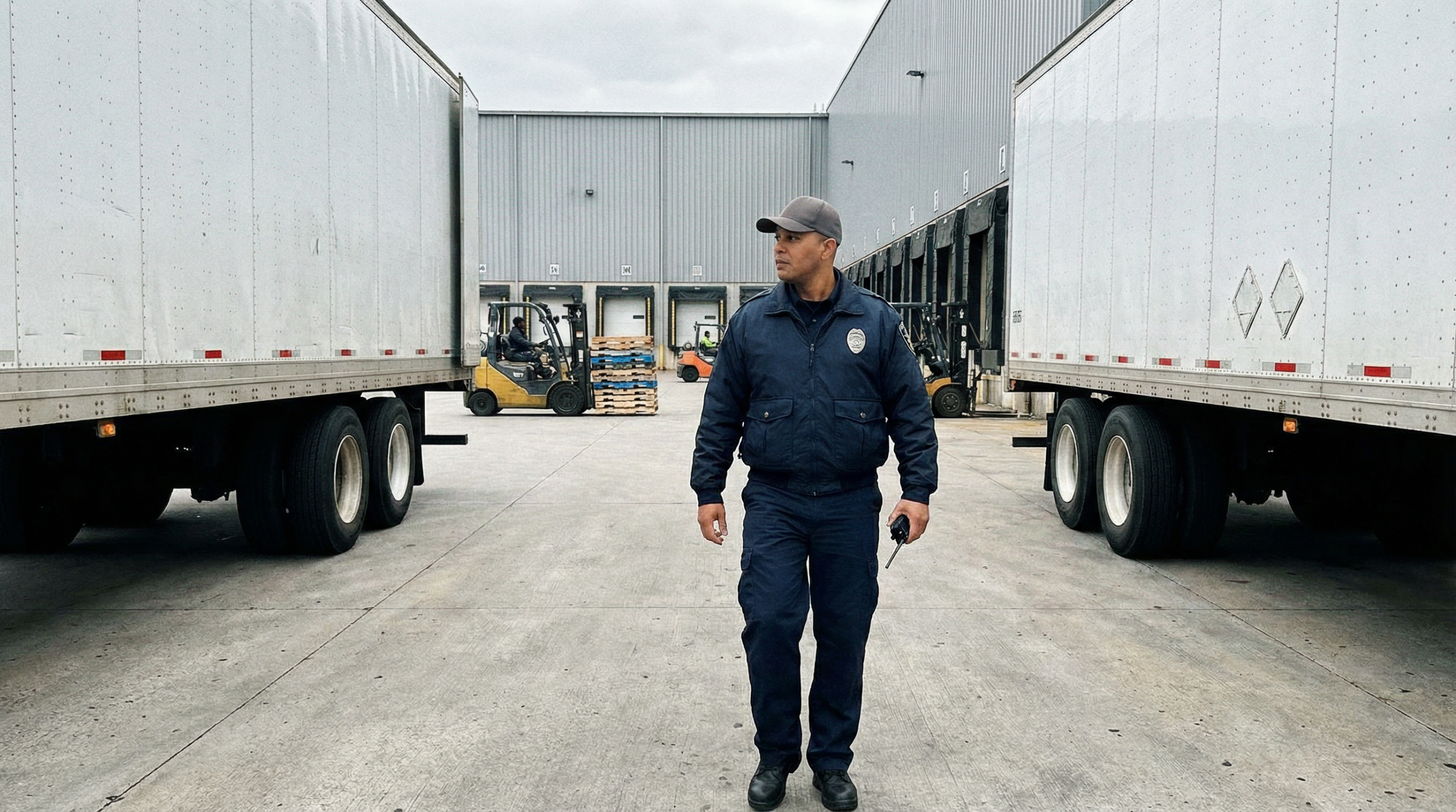 A warehouse security guard checking out the trucks.