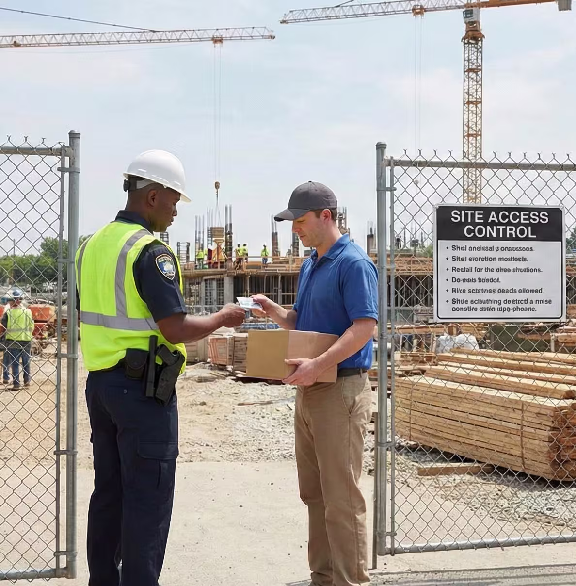 Construction gate security verifying a delivery and checking site access credentials