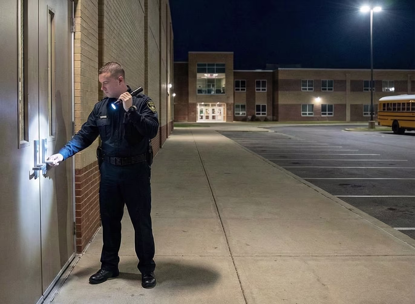 Security officer checking the locked/unlocked doors