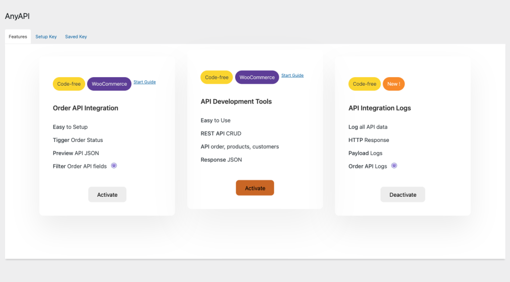 Activate WooCommerce API plugin features screenshot for Order API