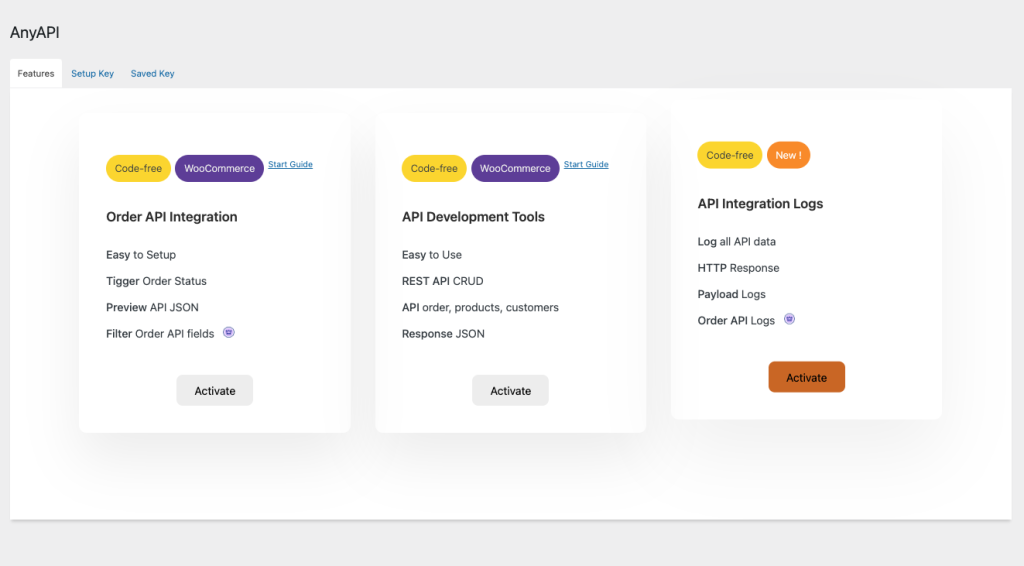 Activate WooCommerce API plugin features screenshot for Order API