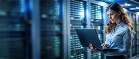 IT professional working on a laptop inside a modern data center with rows of illuminated servers and networking equipment