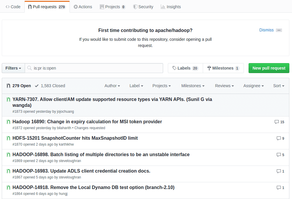 Ejemplo de pull requests en el proyecto Apache Hadoop (Web Github)