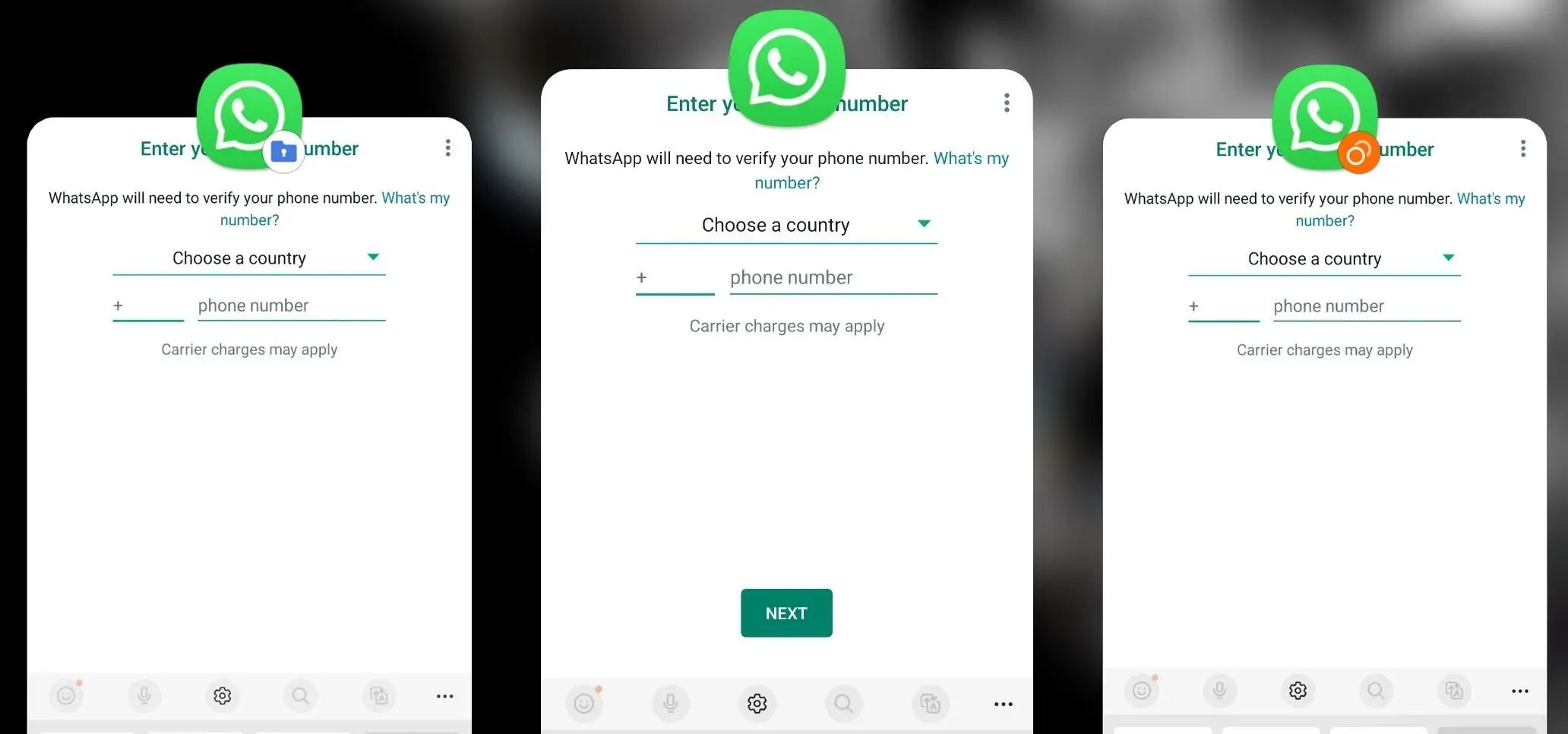 Three WhatsApp verification screens showing use with Secure Folder, Dual Messenger, and a third-party cloning app.