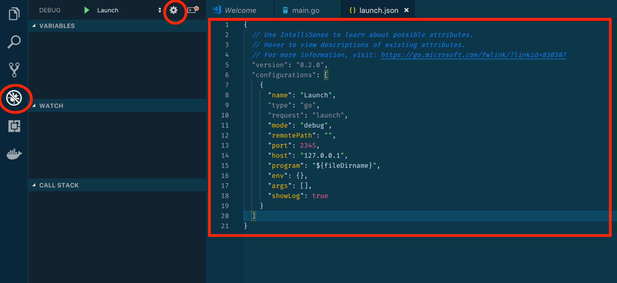 Debug and Settings (Gear) icons
