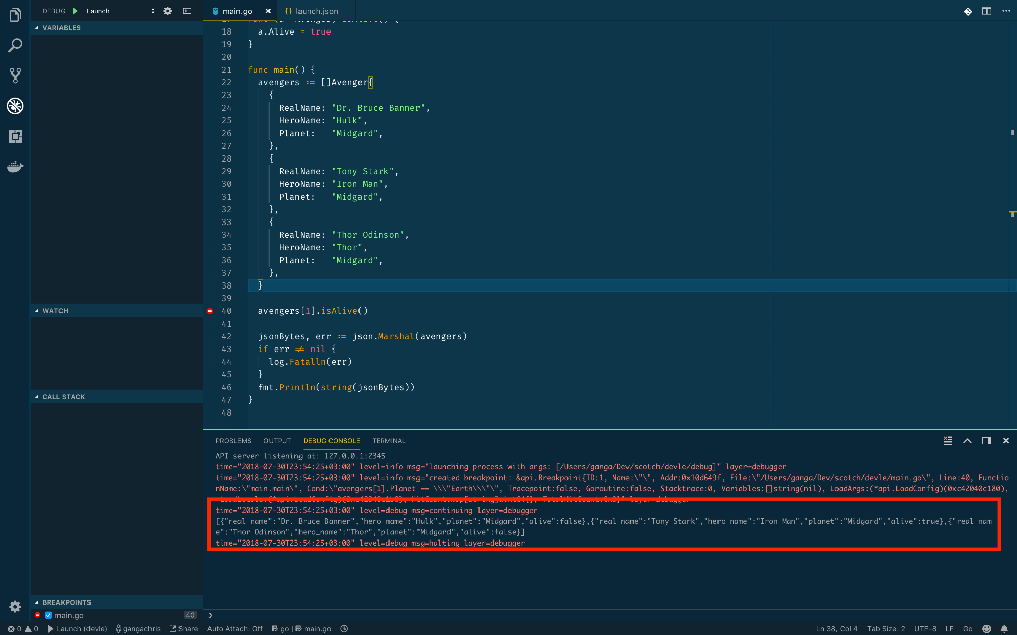 Debug console results
