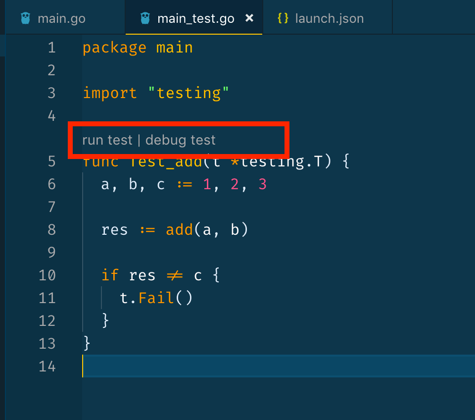 "run test" and "debug test" options