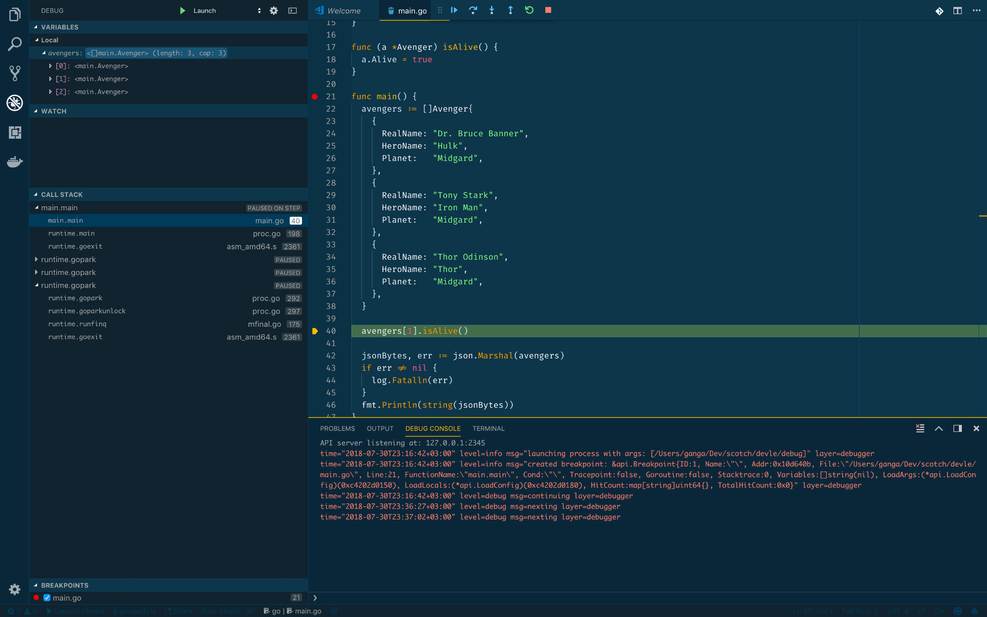 Debugger moved to line 40
