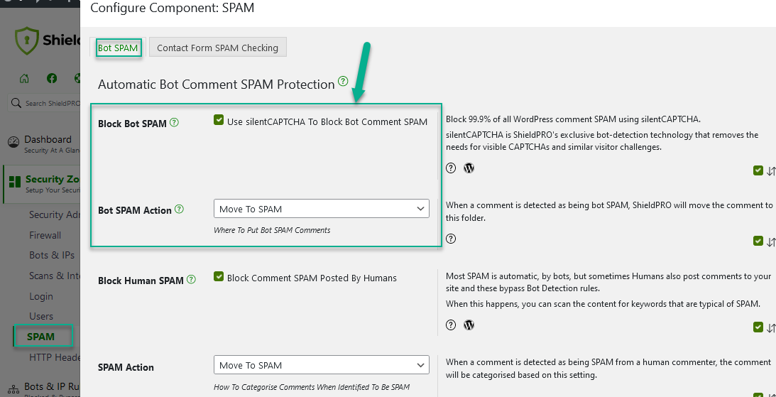 Shield Bot SPAM Comments Options