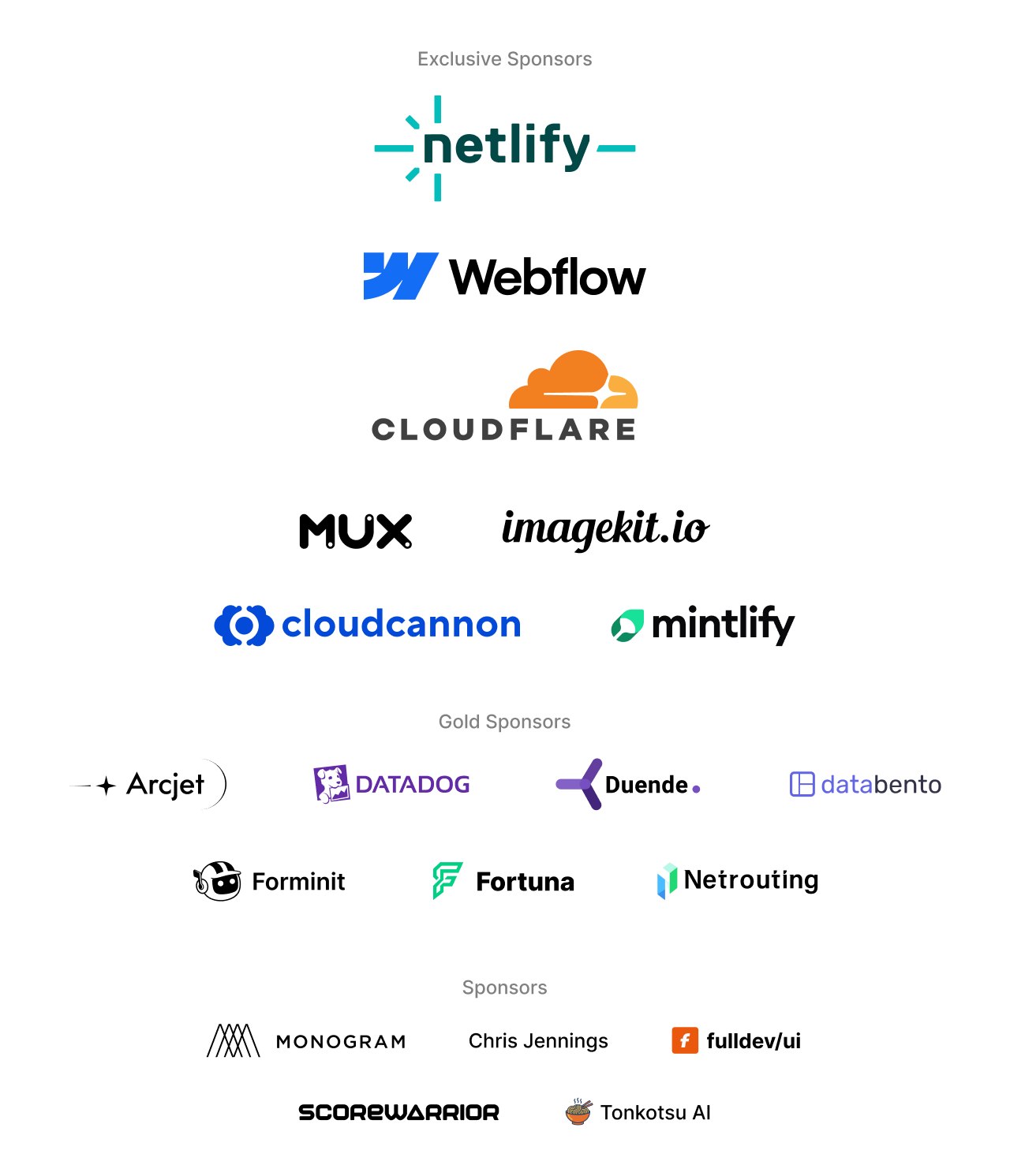 Astro's sponsors.
Platinum sponsors: Netlify, storyblok, Vercel, Ship Shape
Gold sponsors: ‹div›RIOTS, StackUp, DEEPGRAM
Sponsors: Monogram, Qoddi, Dimension Astro's sponsors.