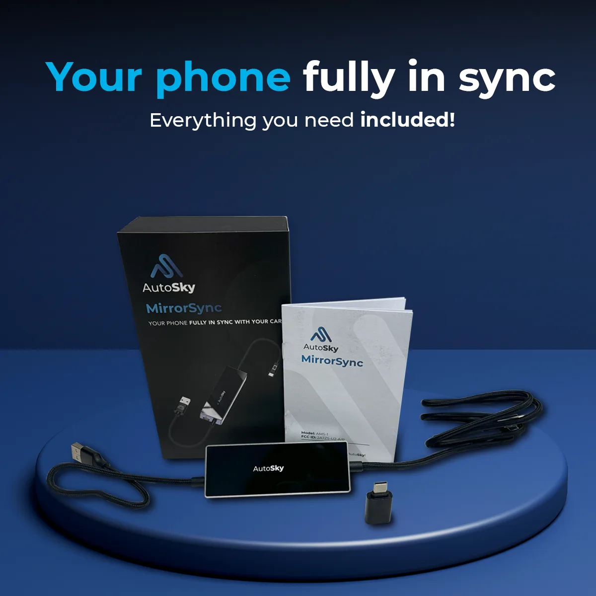 AutoSky Mirror Sync AMS-1 | Wireless CarPlay Adapter & Smartphone Screen Mirroring Device | USB-A & USB-C | Converts Wired Ca