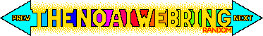 a long, horizontal, rainbow-coloured bar terminating in two arrowheads. the words THE NO AI WEBRING are formed from negative spaces in the bar, which is broken into pieces. the arrowheads have the words PREV and NEXT in them, and below the bar to the right, in red, is the word RANDOM. behind the bar is a speckled yellow background.