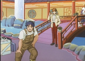 Cye and Kento from Ronin Warriors both in casual gear. Kento is wearing overalls with a white shirt, and Cye is wearing a jacket that looks like something a college professor would wear with plaid pants.