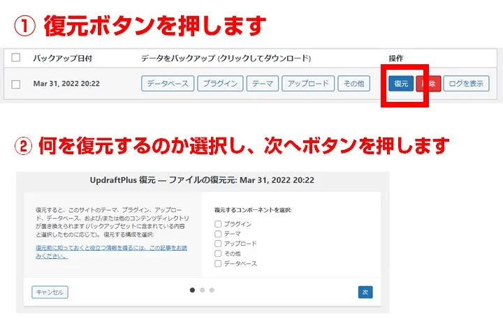 バックアップリストの中から＜復元＞ボタンを押します