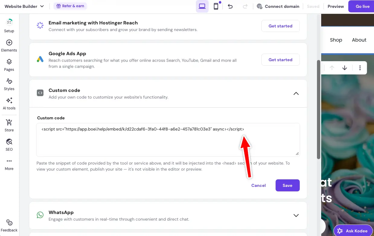 Add Custom Code in Hostinger