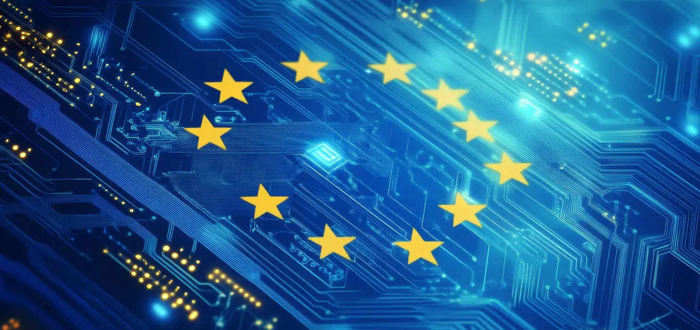 Europäische Union Flagge mit gelben Sternen über einer digitalen Leiterplatte – Symbol für den Data Act und die europäische Digitalstrategie.
