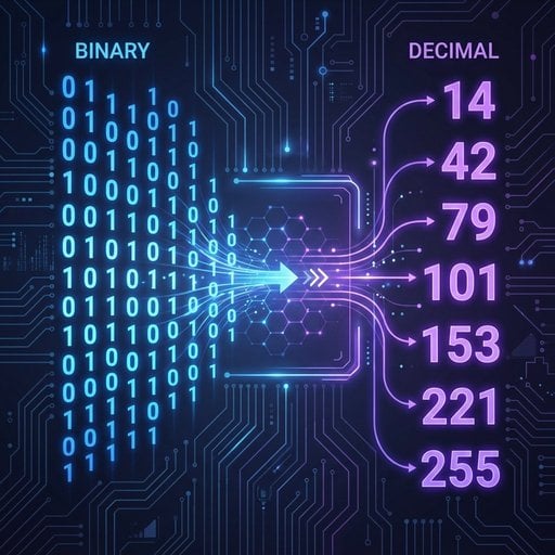 Binary to decimal conversion diagram with glowing code on dark background
