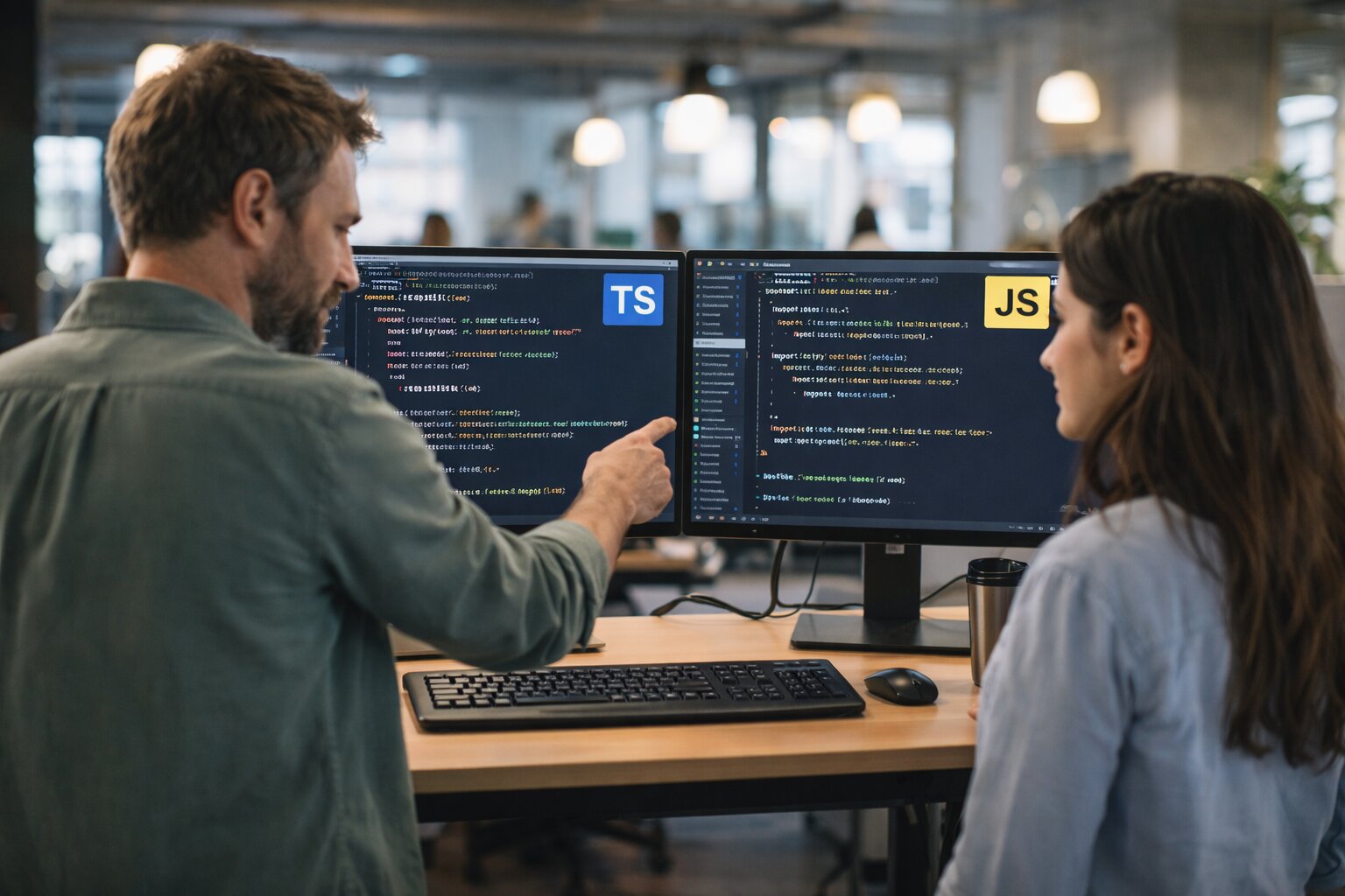 Developers collaborating on TypeScript and JavaScript web project in 2026