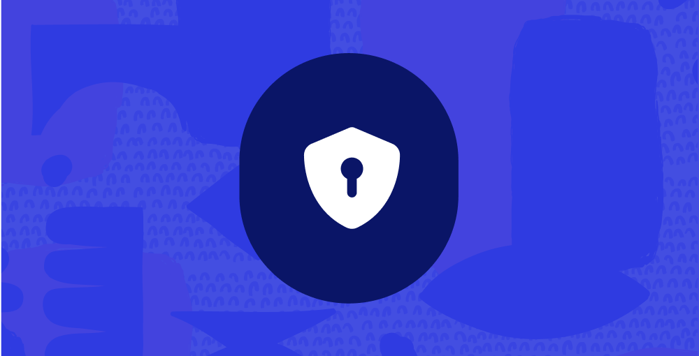 White shield with a keyhole icon inside a dark blue circle on a blue abstract background.