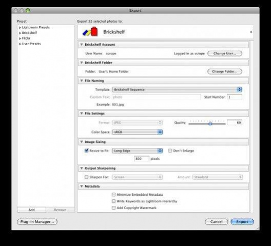 Lightroom to Brickshelf Export Plugin 1.0.0 Screenshot