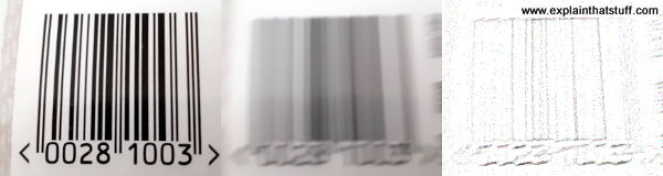 A normal barcode, a blurred barcode, and a blurred barcode processed by an edge-detection algorithm.