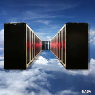 Composite photo showing NASA supercomputer floating in a cloud.