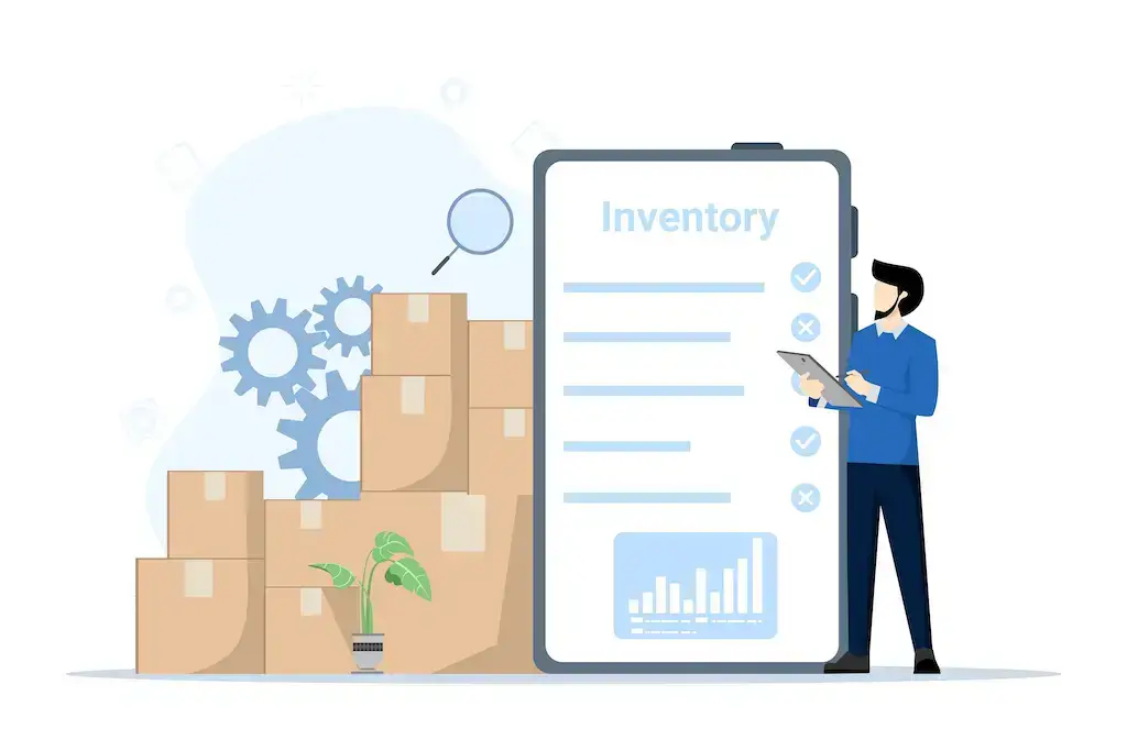 manager standing next to warehouse inventory management software illustration