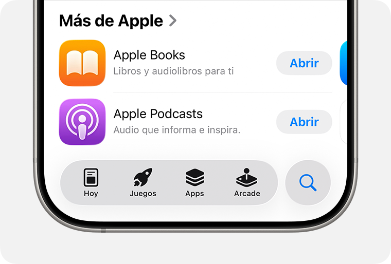 En un iPhone, el App Store está abierto y se muestra la pestaña Buscar en la parte inferior de la pantalla.