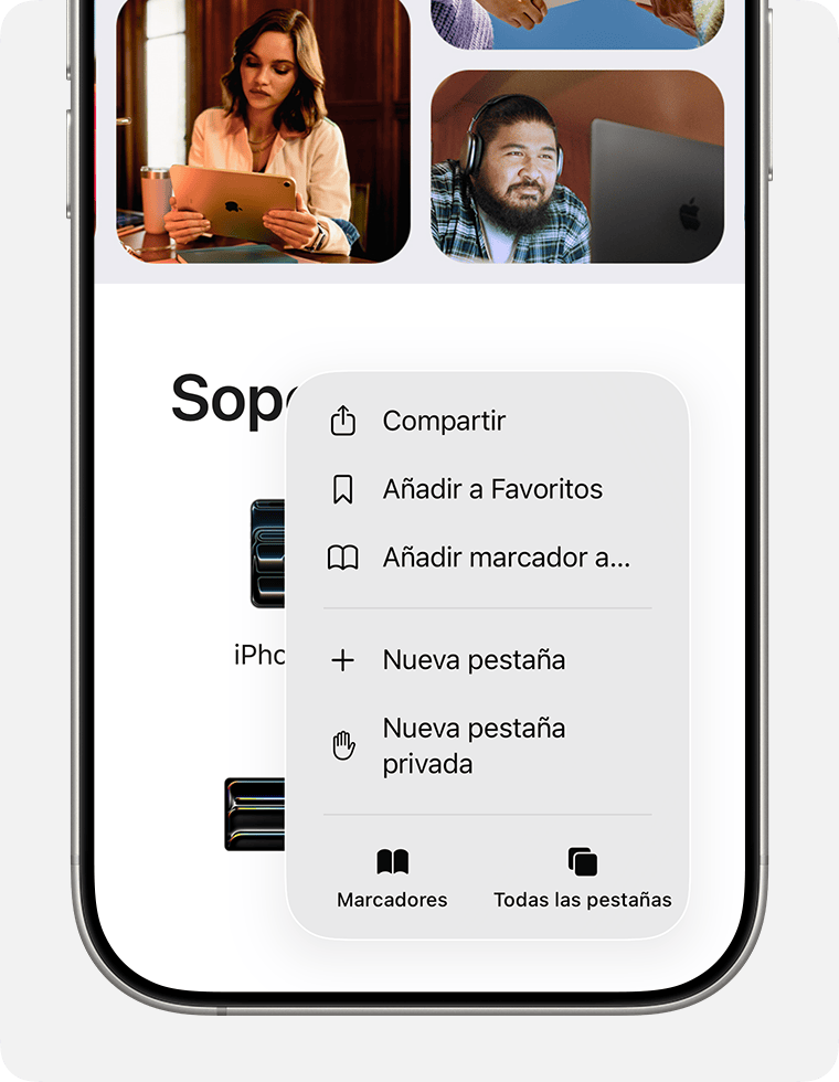 Pantalla del iPhone que muestra el botón Marcadores en Safari.