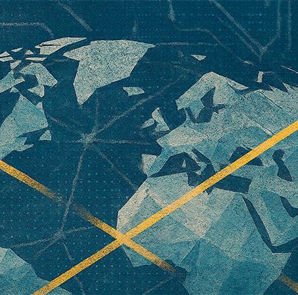 Abstract world map composed of geometric shapes in blue and white tones. two yellow diagonal lines intersect across the map, with a yellow circle positioned in the upper left corner. the background is dark blue with subtle textured patterns. 