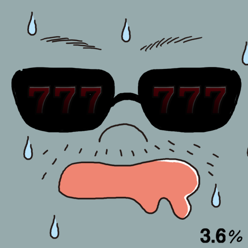 依存症の人の顔面ドアップ。よだれを出していて、サングラスに映るのはスリーセブン