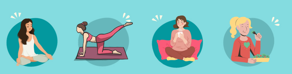Four women practicing self-care with yoga, meditation, tea, and healthy food at Chaux Physical Therapy.