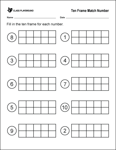 Ten Frame Match Number Worksheet