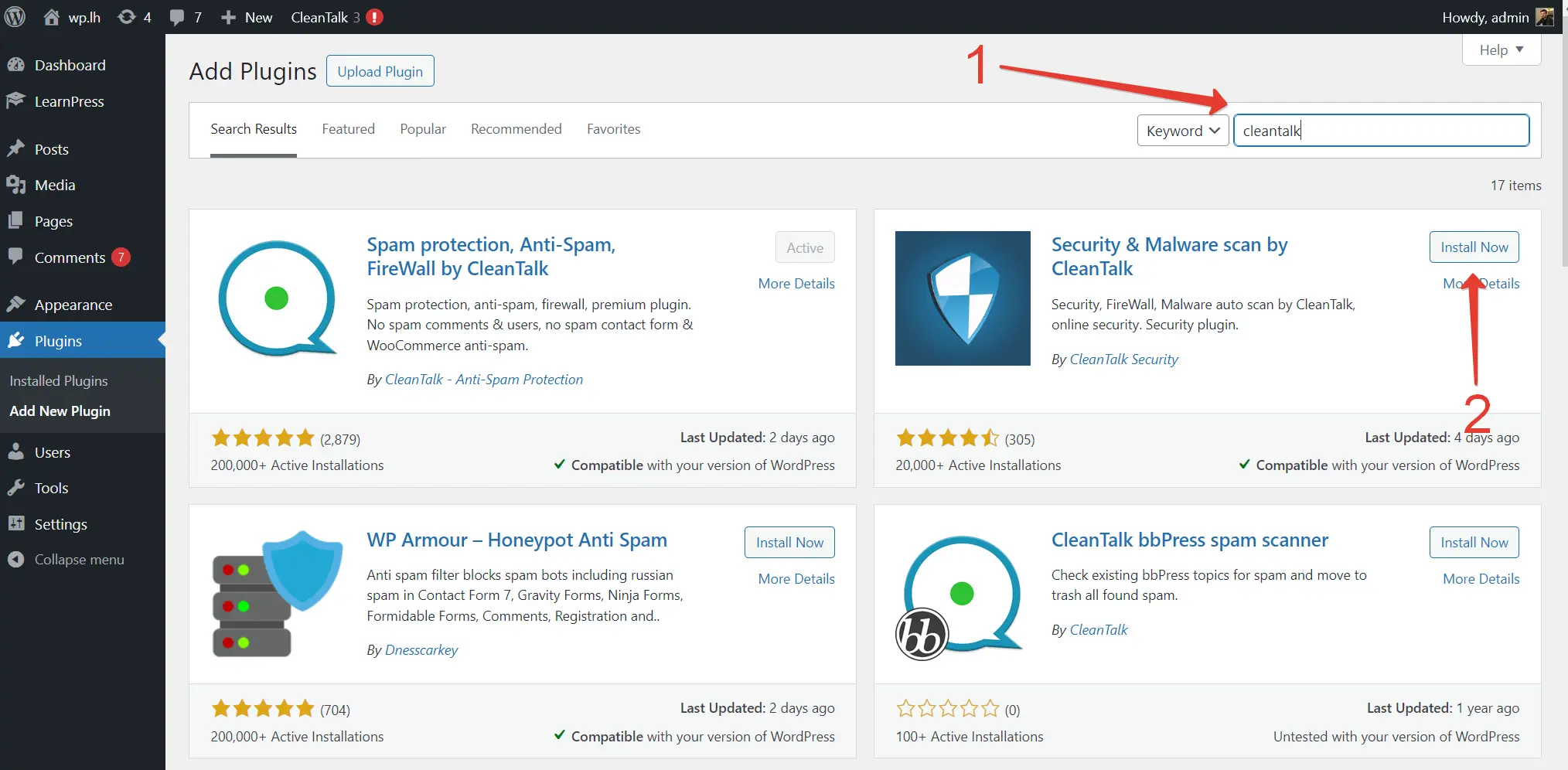 Installation of the CleanTalk Security Plugin Installation of the CleanTalk Security Plugin