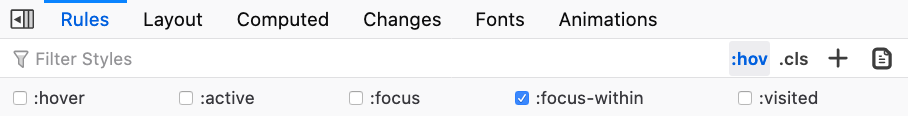 Developer tools allow states, such as focus-within to be toggled on and off.
