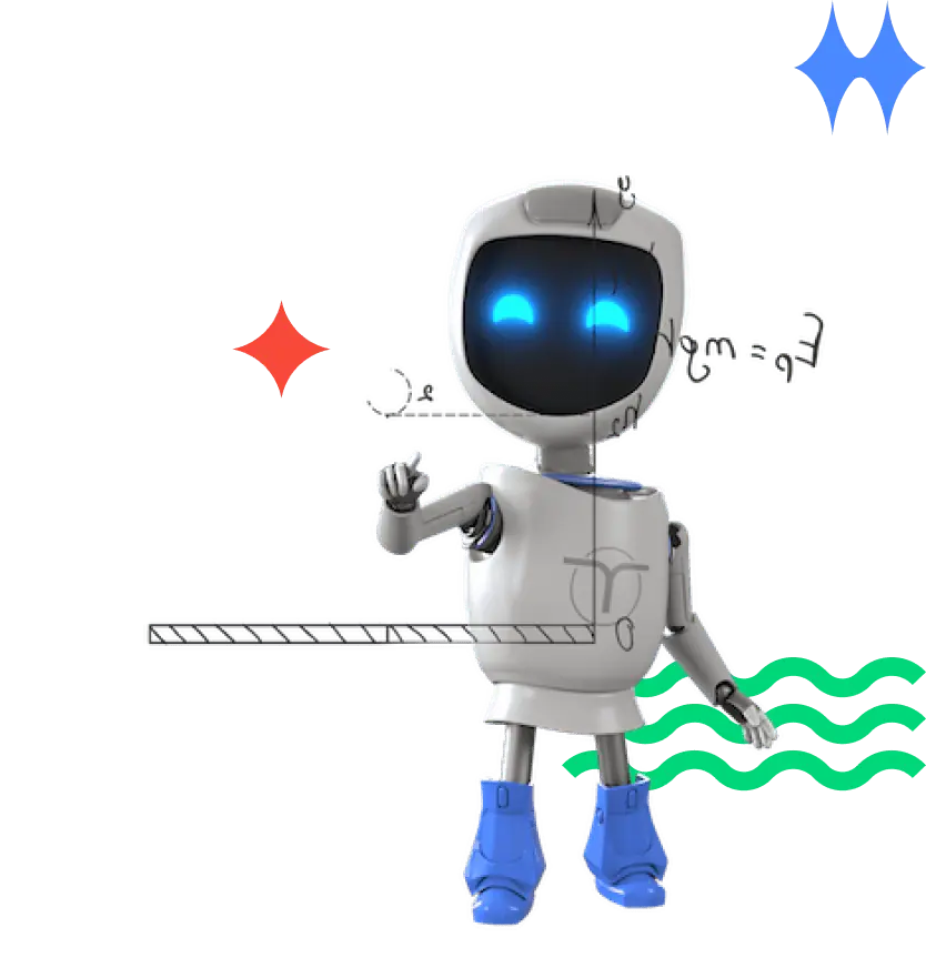 Robot pointing upward with mathematical equations and decorative elements in the background.