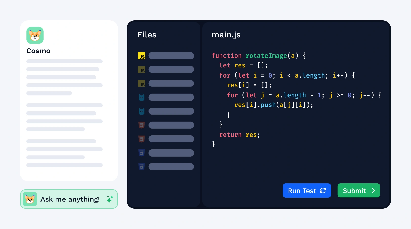 CodeSignal Simulations coding question environment with AI assistant Cosmo, a JavaScript code editor with file browser, and Run Test and Submit buttons for technical skill assessments