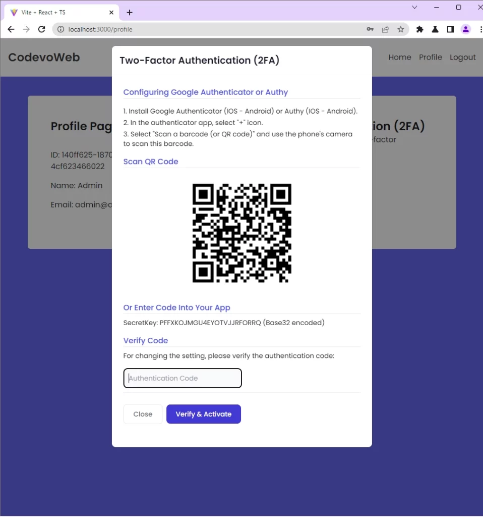 nodejs enable the 2fa feature