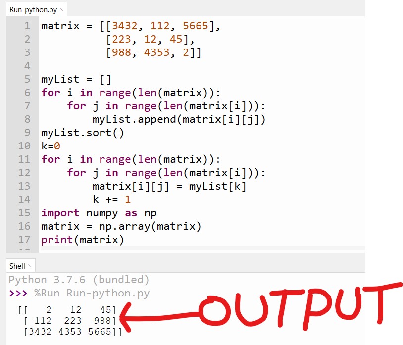 Output for ordered matrix in python
