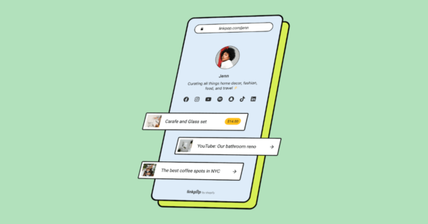 Screenshot of a Linkpop mobile profile for a user named Jenn, with a bio reading “Curating all things home decor, fashion, food, and travel,” social media icons, and link buttons including “Carafe and Glass set $14.00,” “YouTube: Our bathroom reno,” and “The best coffee spots in NYC.”