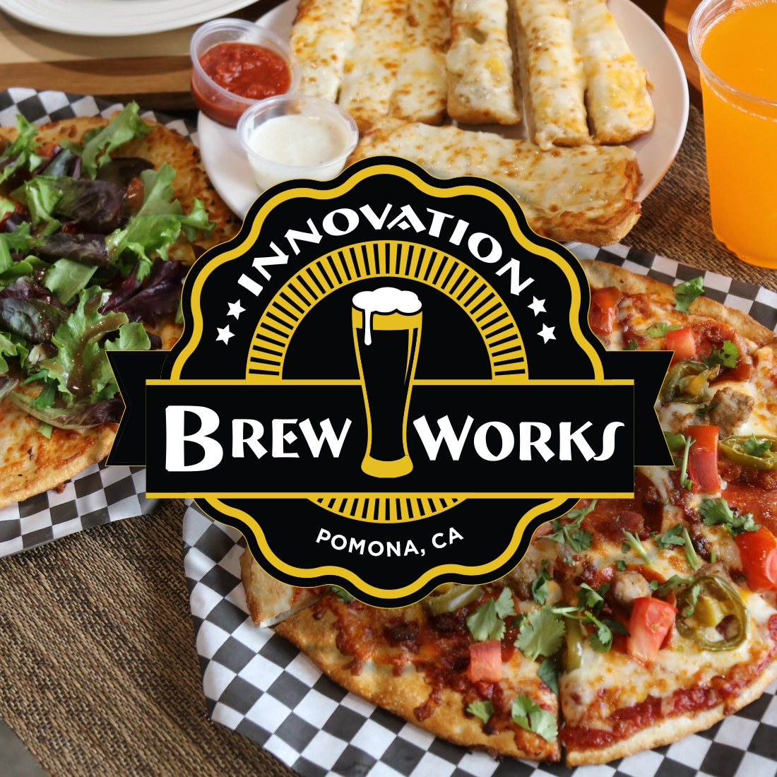 Innovation Brew Works logo with pizza and drinks in background