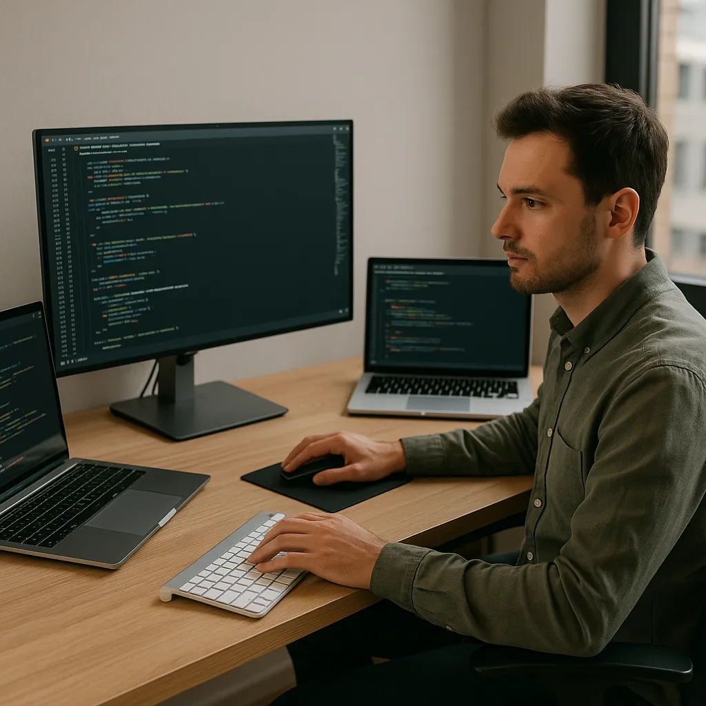 Software developer achter bureau met drie schermen met code in modern kantoor.