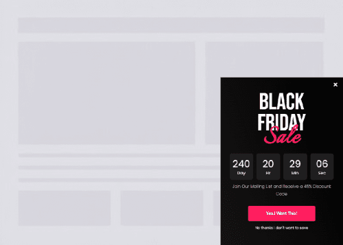 Spexo Corner Box Popup for Elementor showing a compact discount coupon popup placed in the lower right corner of a dimmed WordPress page layout. The image shows a black Black Friday Sale popup with a close icon, countdown timer blocks for days, hours, minutes, and seconds, a short discount coupon message, a bright call to action button, and a small no thanks text link. The popup keeps most of the page visible in the background, which shows how a corner box popup can promote limited time offers without interrupting visitors. This visual represents how Spexo Addons helps Elementor users create non-intrusive corner popups for discount coupons, Black Friday sales, announcements, quick updates, social links, lead generation, and conversion focused campaigns without custom code.