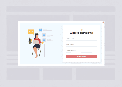 Spexo Modal Popup for Elementor showing a centered newsletter popup displayed over a dimmed WordPress page background for on scroll visitor engagement. The image shows a white modal popup with a close icon in the top right corner, an illustration of a person working at a laptop on the left, and a Subscribe Newsletter form on the right. The form includes fields for email, name, and phone number, plus a large Subscribe button for lead collection. This visual represents how Spexo Addons helps Elementor users create modal popup examples for newsletter signups, on scroll popups, email forms, promotions, announcements, CTAs, and conversion focused WordPress campaigns without writing custom code.